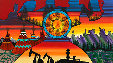 Colourful painting showing Indigenous silhouettes and oil and gas operations