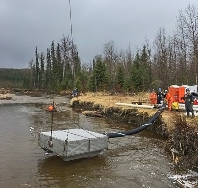 A shark tank which protects fish when water is being pulled from a local source being lowered into a river