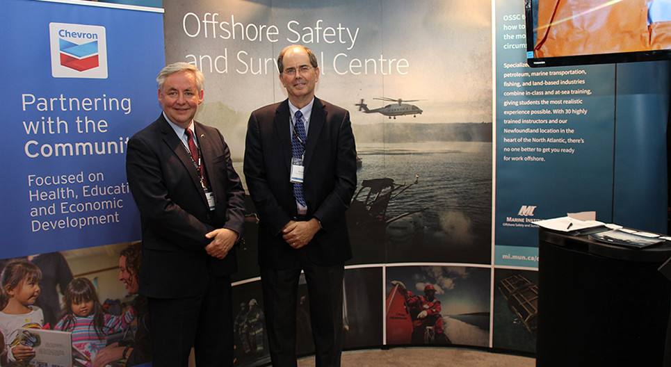 Glenn Blackwood, vice president, Memorial University (left) and Mark MacLeod, vice president, Atlantic Canada for Chevron Canada, jointly announce Chevron’s donation of safety and survival equipment to the Offshore Safety and Survival Centre at the Fisheries and Marine Institute of Memorial University of Newfoundland.