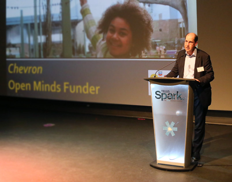 Rod Maier, Chevron Canada’s manager of Policy, Government and Public Affairs, participates in the April 7 event at TELUS Spark. Chevron Canada was the original corporate sponsor for the Open Minds program and today, 23 years later, funds five sites across Canada.