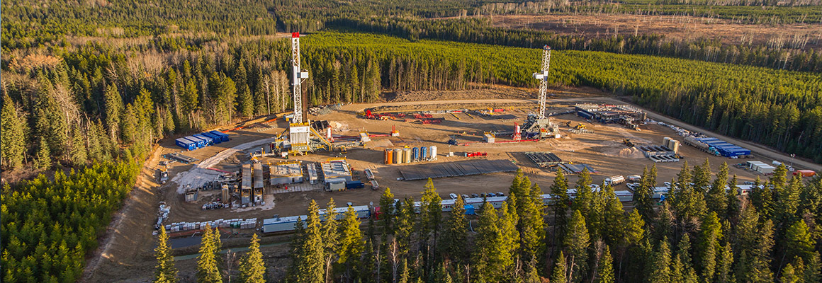 Aerial photo of a well site in the Kaybob Duvernay region of Alberta