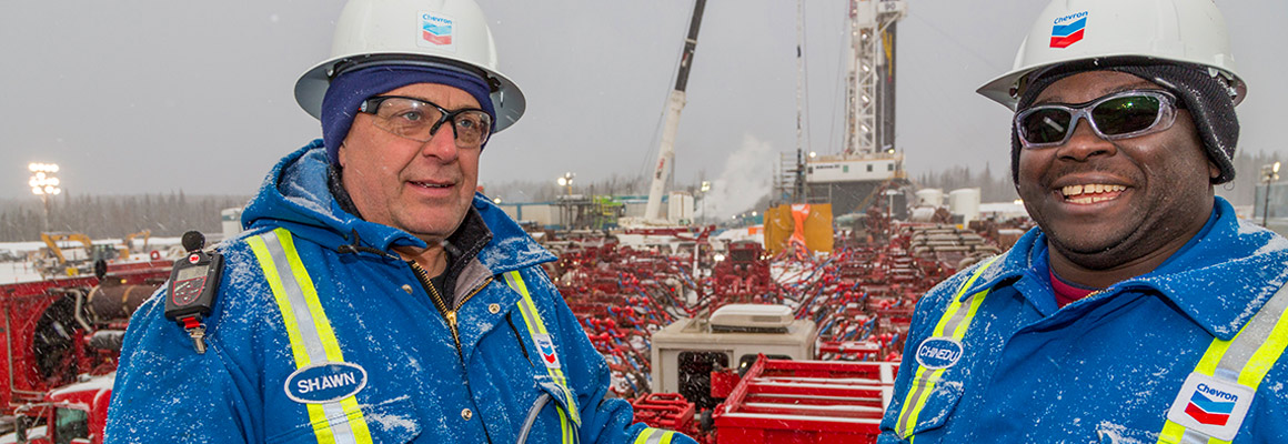 Chevron employees at a hydraulic fracturing operation in Horn River, British Columbia